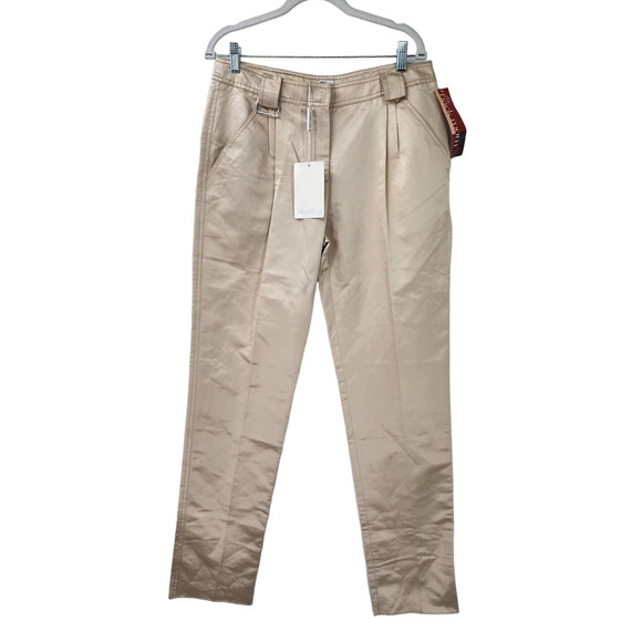 NEW NWT Max Mara Silk Trouser Pants Size 14 Gold Tan Designer Made In‎ Italy - Picture 1 of 16